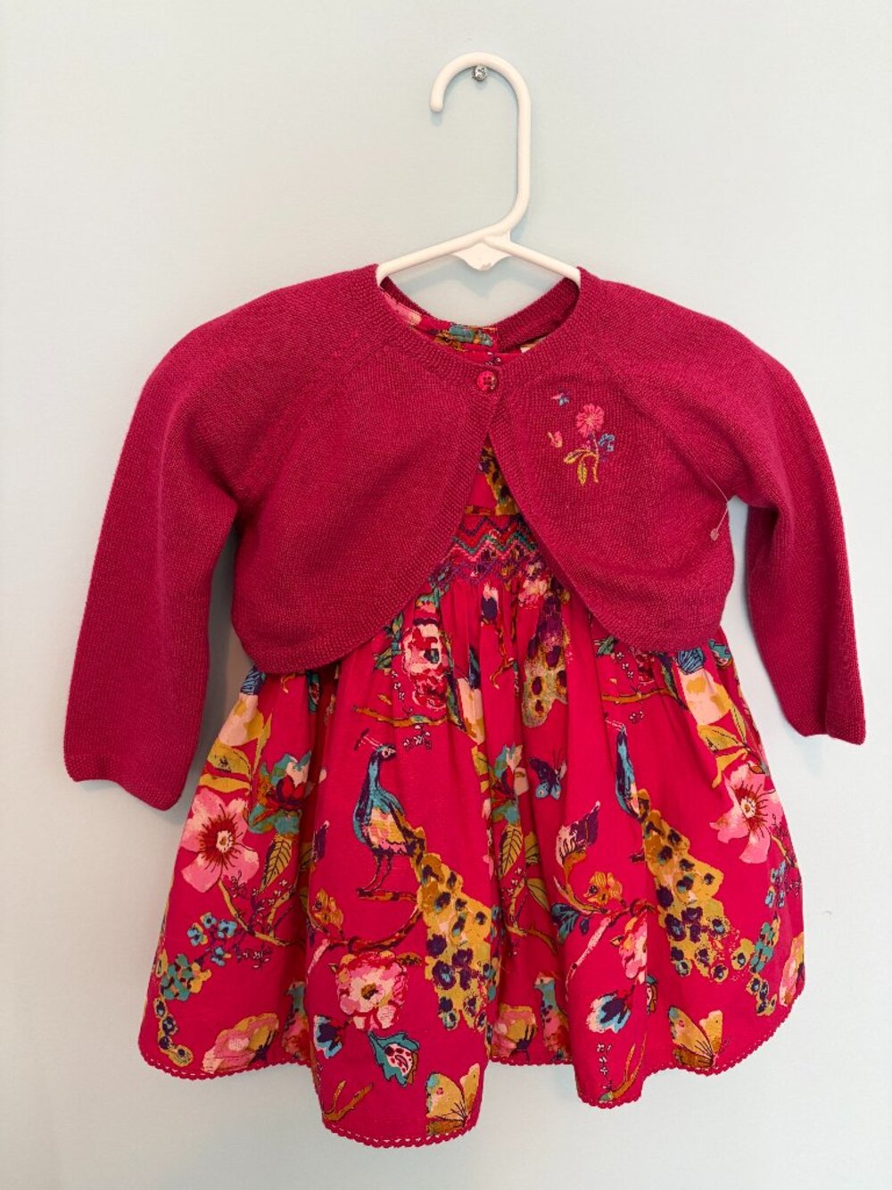 Next UK Baby Girl Magenta Pink Smocked Tropical Dress and Sweater Set